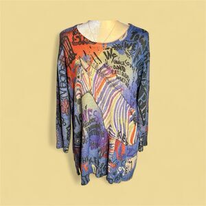 John Mark Tunic Top Size Large Zebra Abstract Grafitti Long Sleeves Colorful